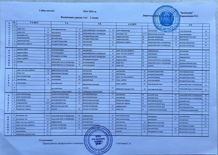 Расписание уроков 2 смена 1 полугодие 2024-2025 учебный год