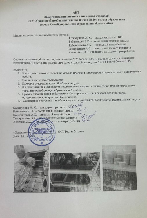 Акт об организации питания в школьной столовой