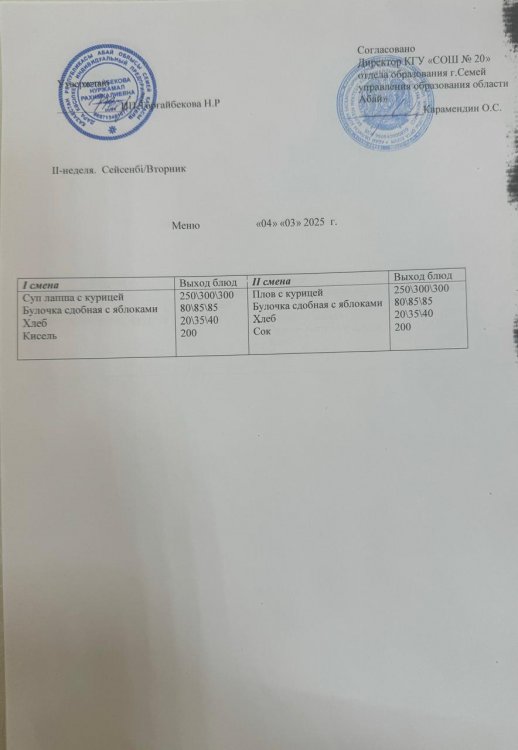 Меню 2 неделя Вторник
