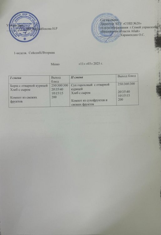 Меню 1 неделя Вторник