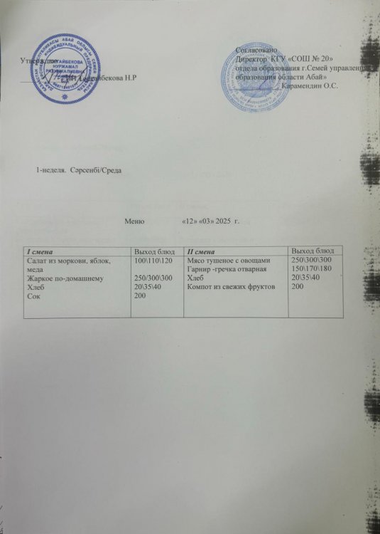 Меню 1 неделя Среда