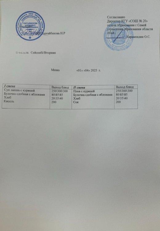Меню 2 неделя Вторник