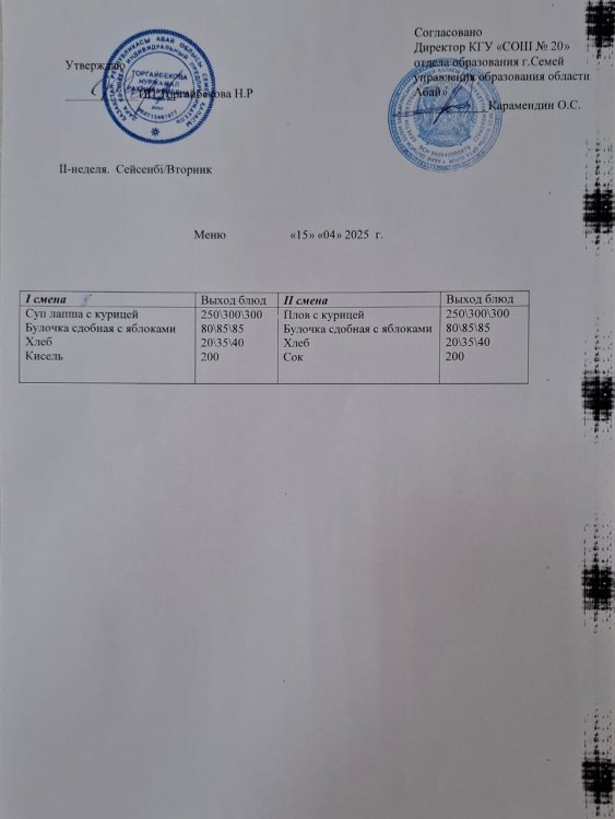 Меню 2 неделя Вторник