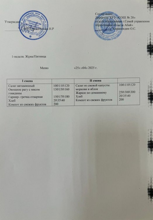 Меню 1 неделя Пятница
