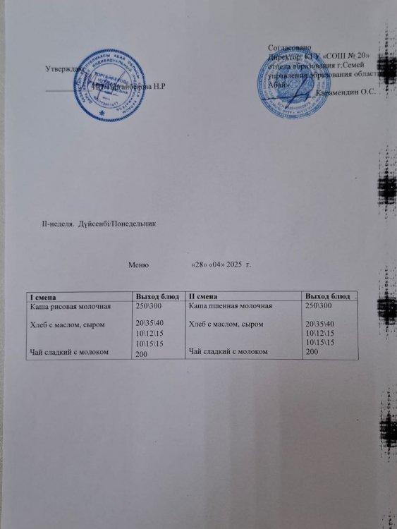 Меню 2 неделя Понедельник