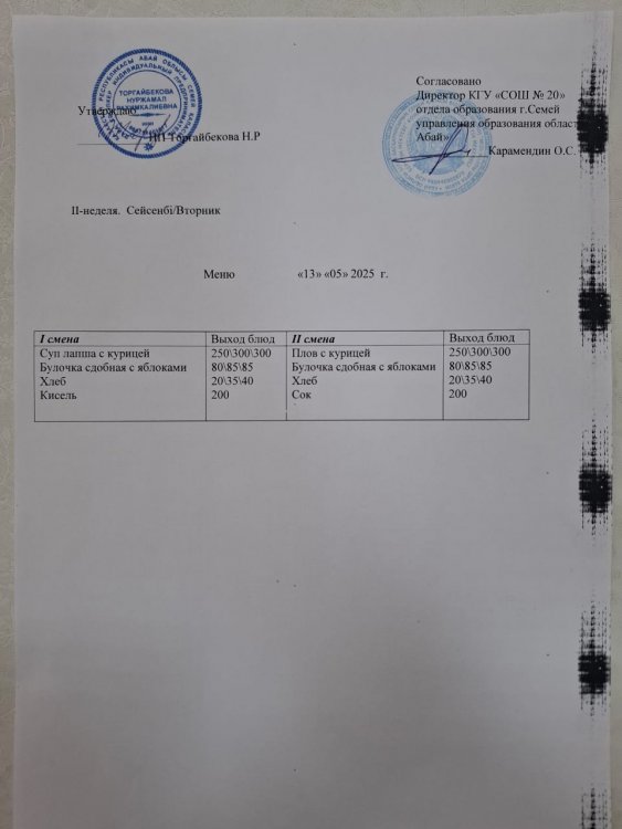 Меню 2 неделя Вторник